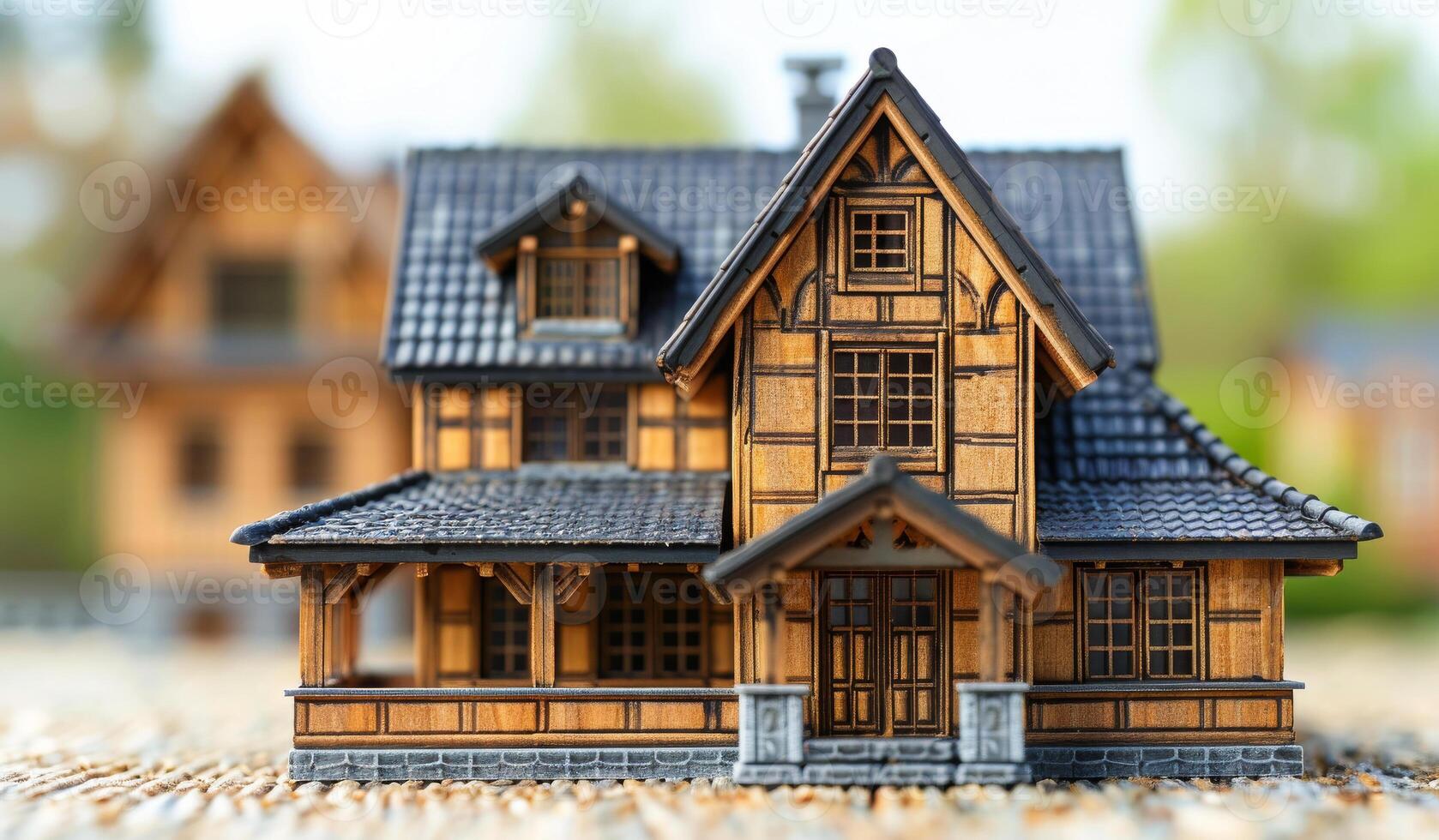 A small house with a slanted roof and a porch. The house is made of wood and has a lot of windows photo