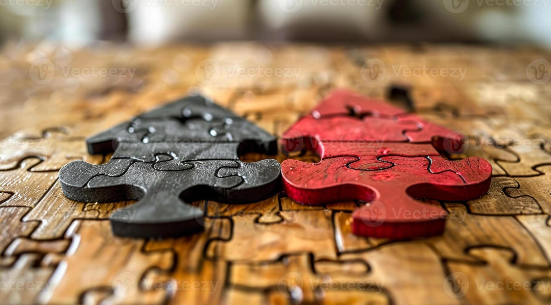 Two puzzle pieces of a Christmas tree on a wooden table photo