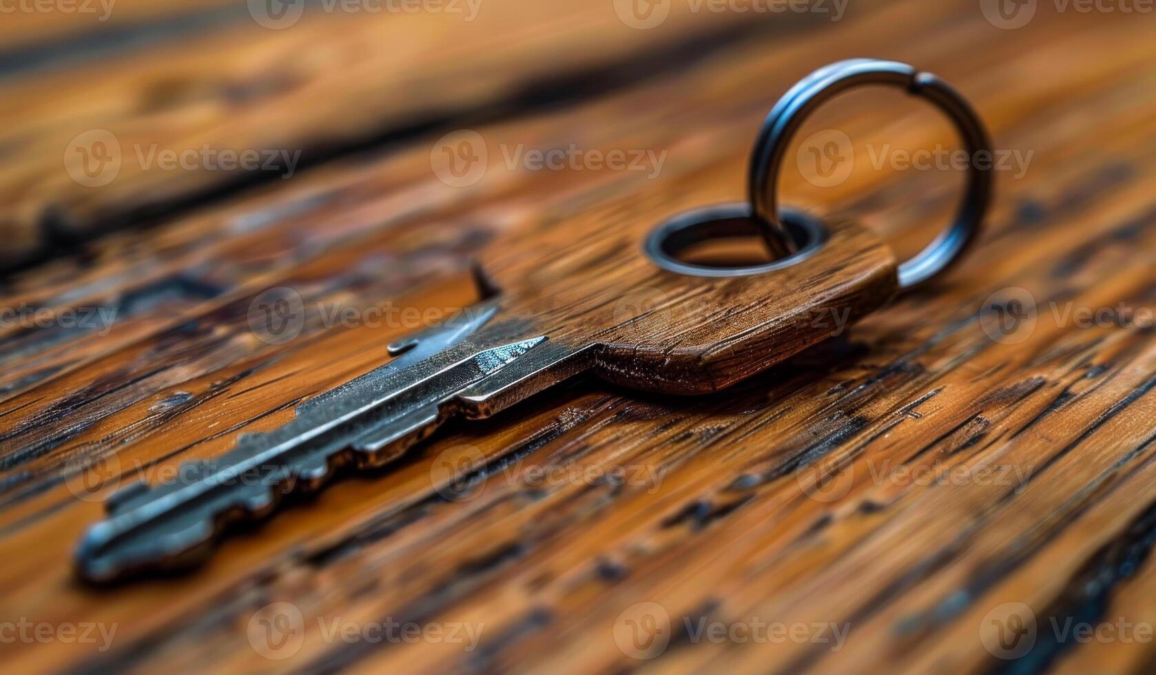A key is laying on a wooden surface. The key is silver and has a wooden handle photo