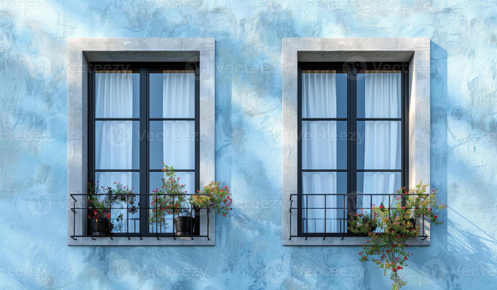 Two windows with potted plants in front of them. The windows are on a blue wall photo
