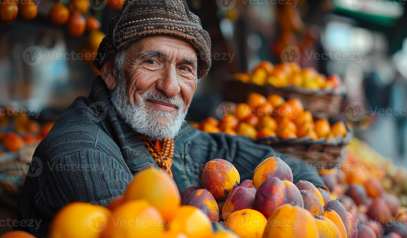 A man with a beard and a hat is smiling at the camera while holding a basket of oranges photo
