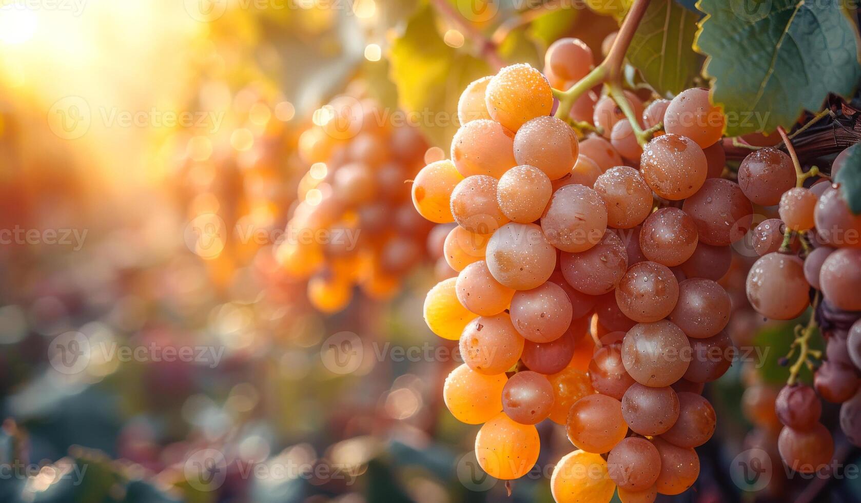 A bunch of grapes hanging from a vine. The grapes are ripe and ready to be picked photo