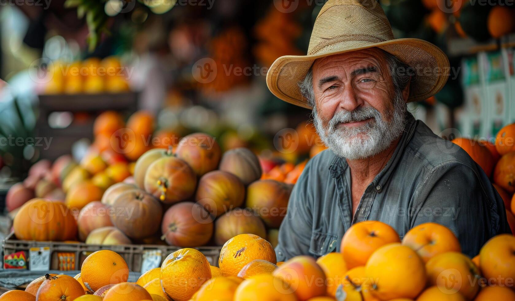 A man wearing a straw hat stands in front of a pile of oranges photo