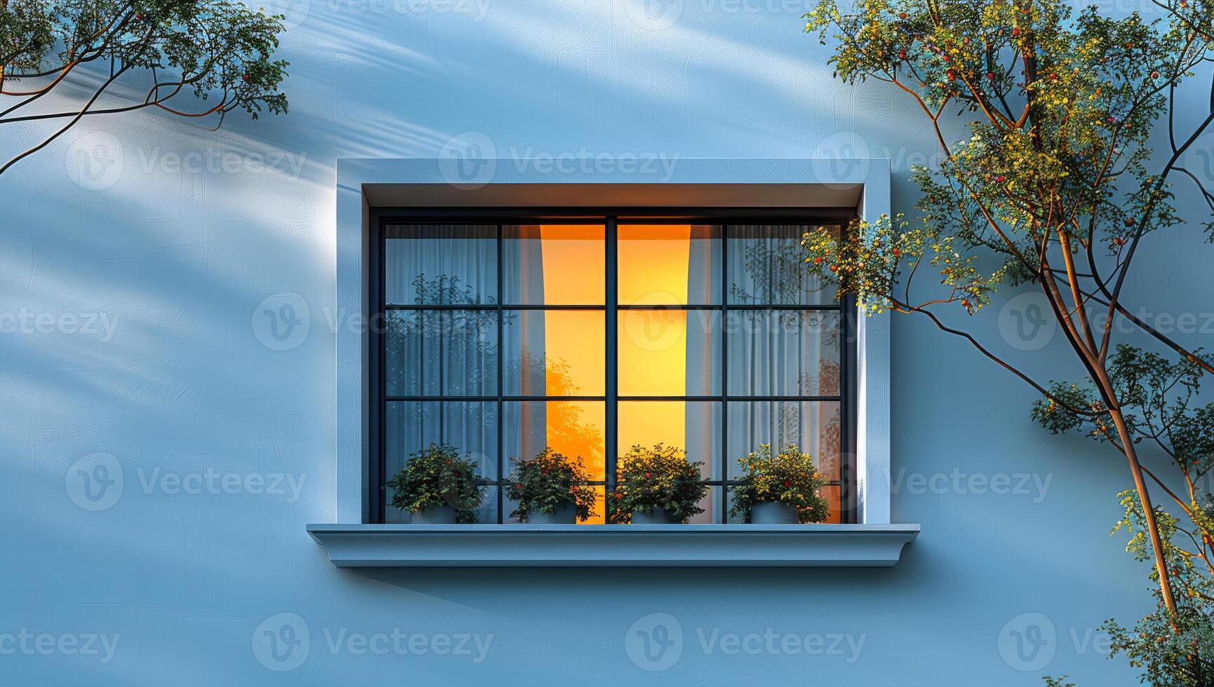 A window with a view of trees and a potted plant. The window is lit up by the sun, creating a warm and inviting atmosphere photo