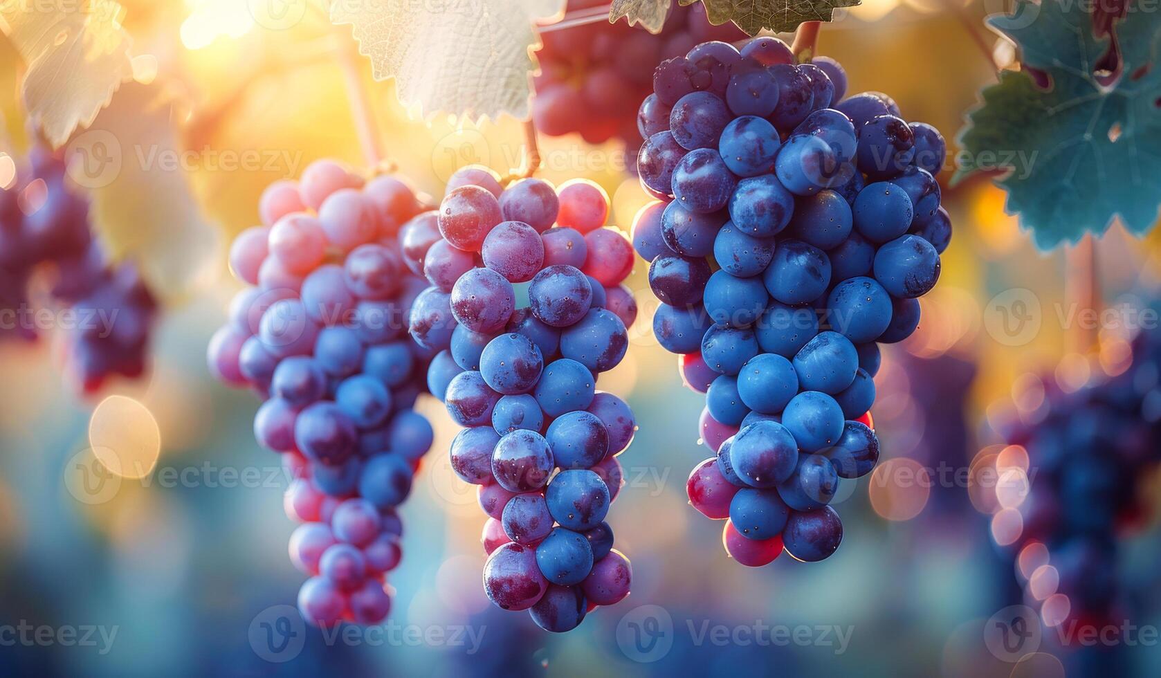 Three bunches of grapes hanging from a vine. The grapes are purple and are in the sun photo
