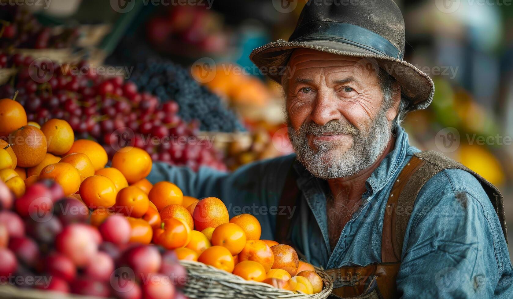A man wearing a hat stands in front of a fruit stand with a basket full of oranges. He is smiling and he is happy photo