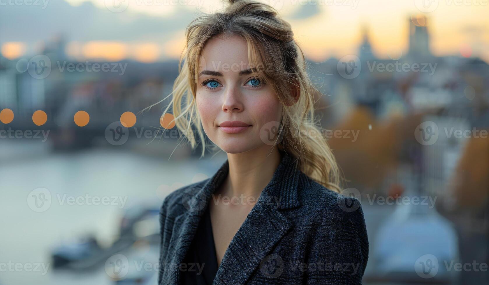 A woman with blonde hair and blue eyes stands in front of a city skyline photo