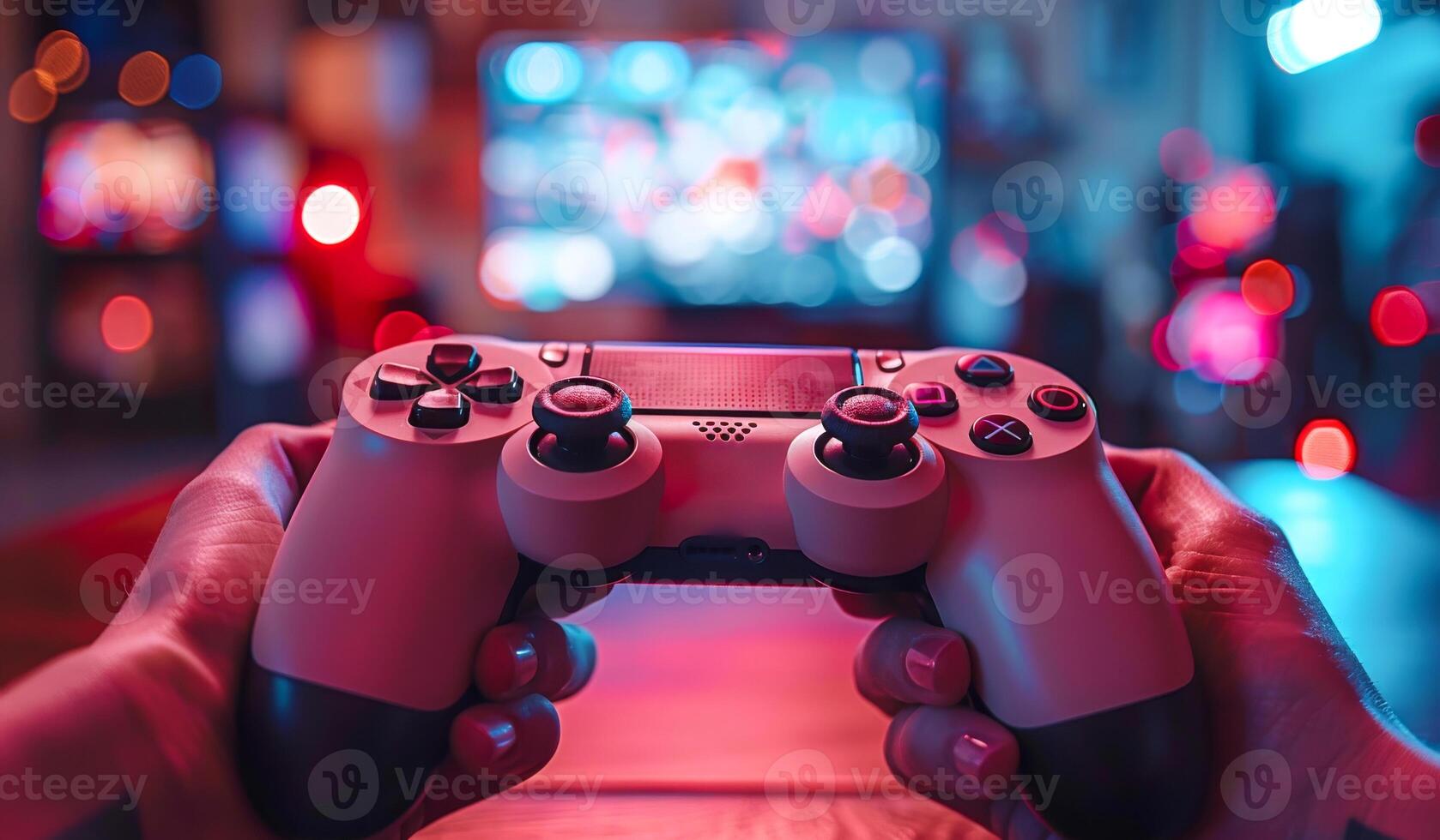 A person is holding a game controller in front of a television photo