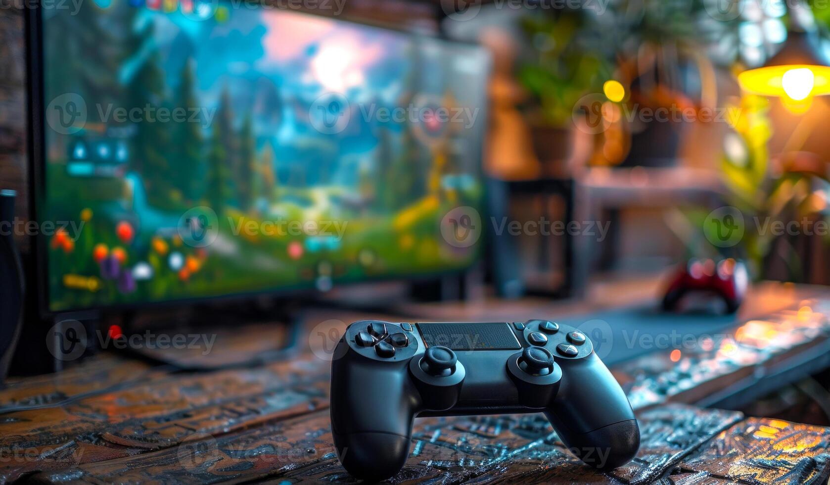 A black controller sits on a wooden table in front of a television photo
