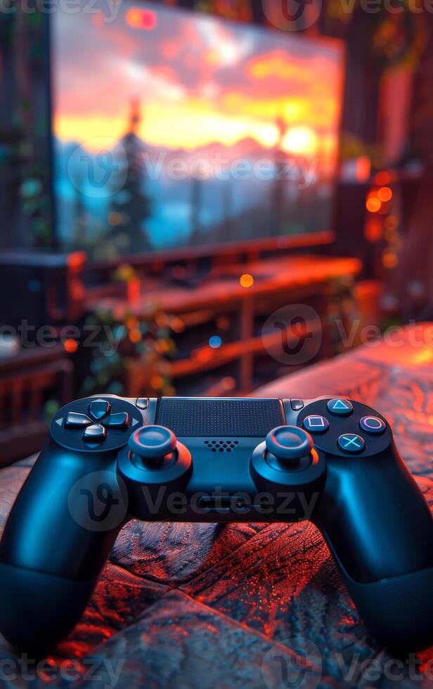 A black controller is sitting on a couch in front of a television photo