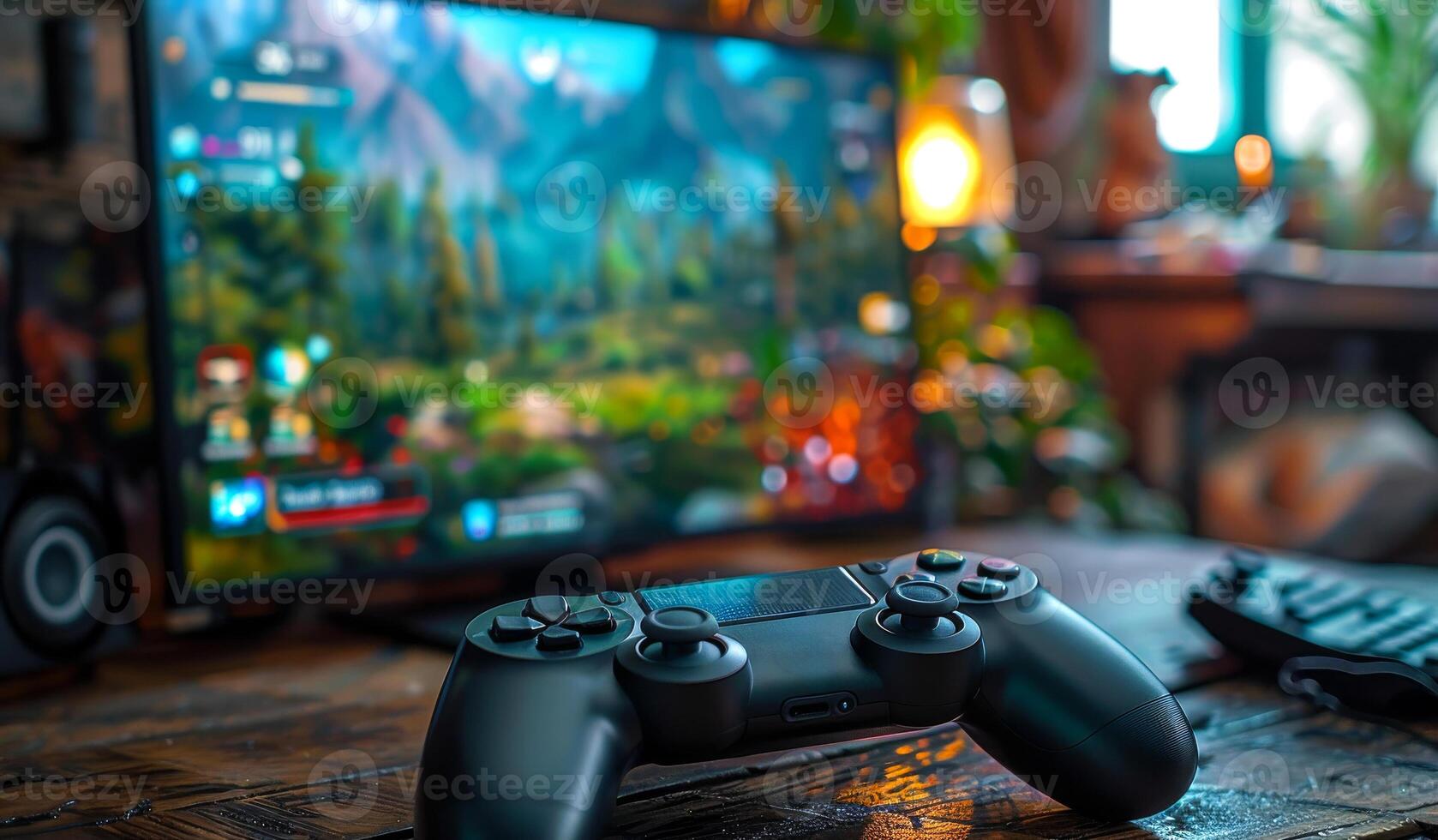 A black controller sits on a wooden table next to a television photo