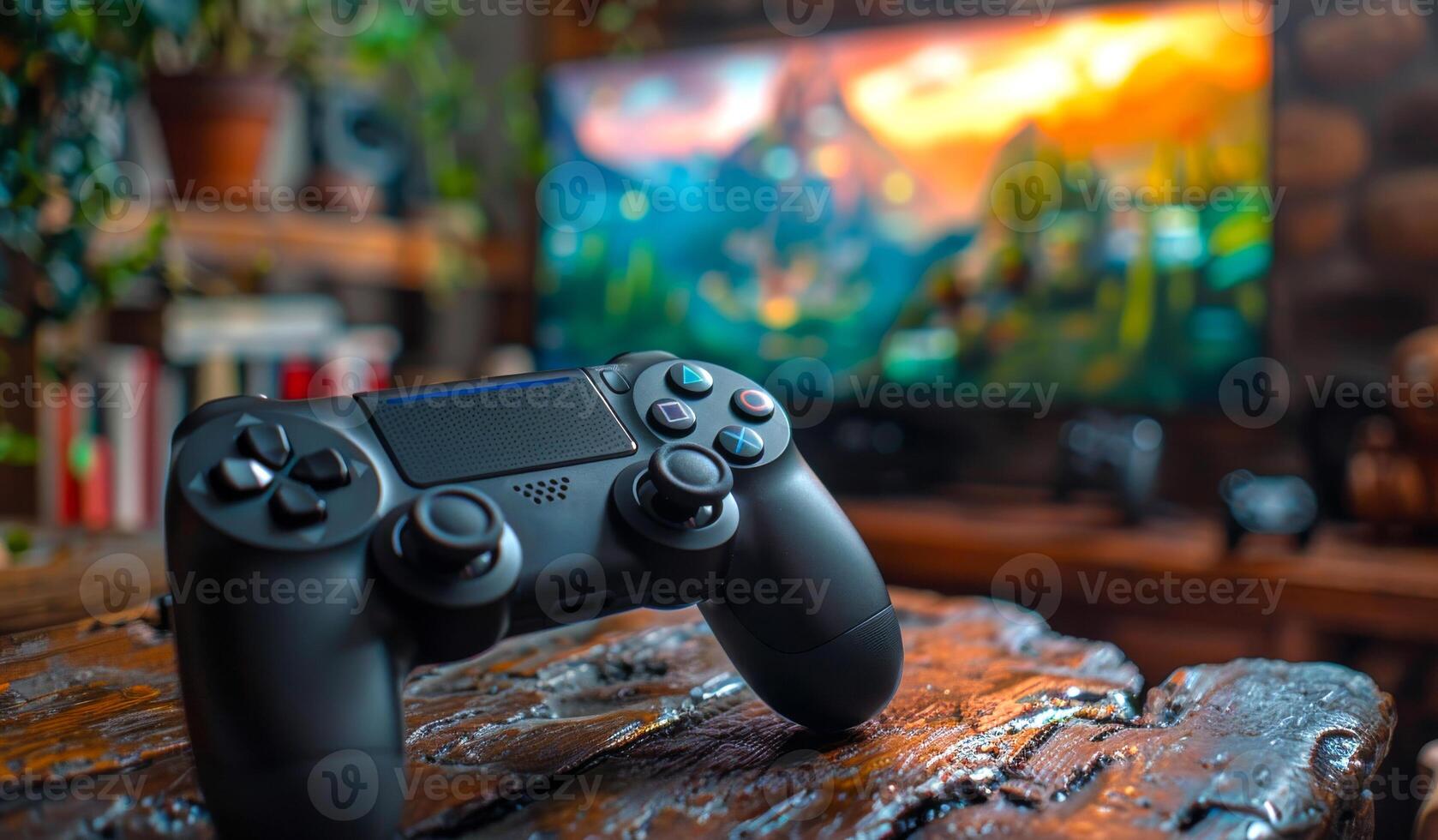 A black controller sits on a wooden table in front of a television photo