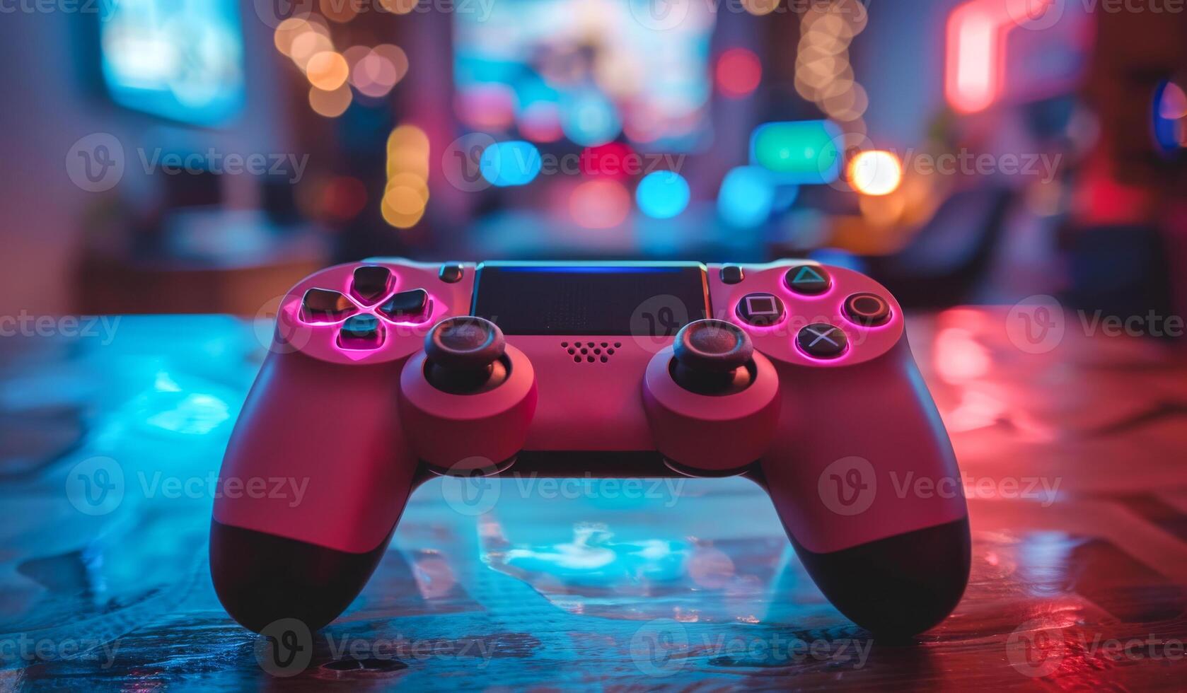 A pink controller is sitting on a table. The controller is lit up with neon colors, giving it a futuristic and cool vibe photo