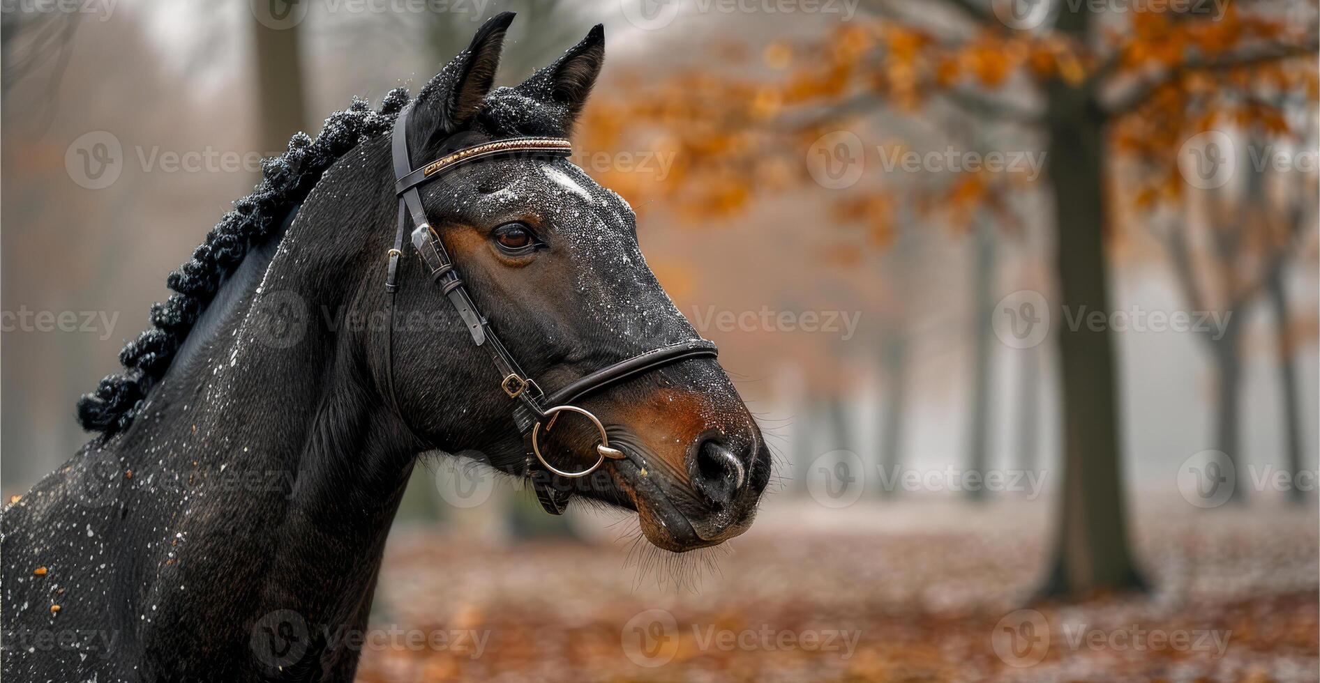 A horse with a black mane and a black bridle is standing in a forest photo