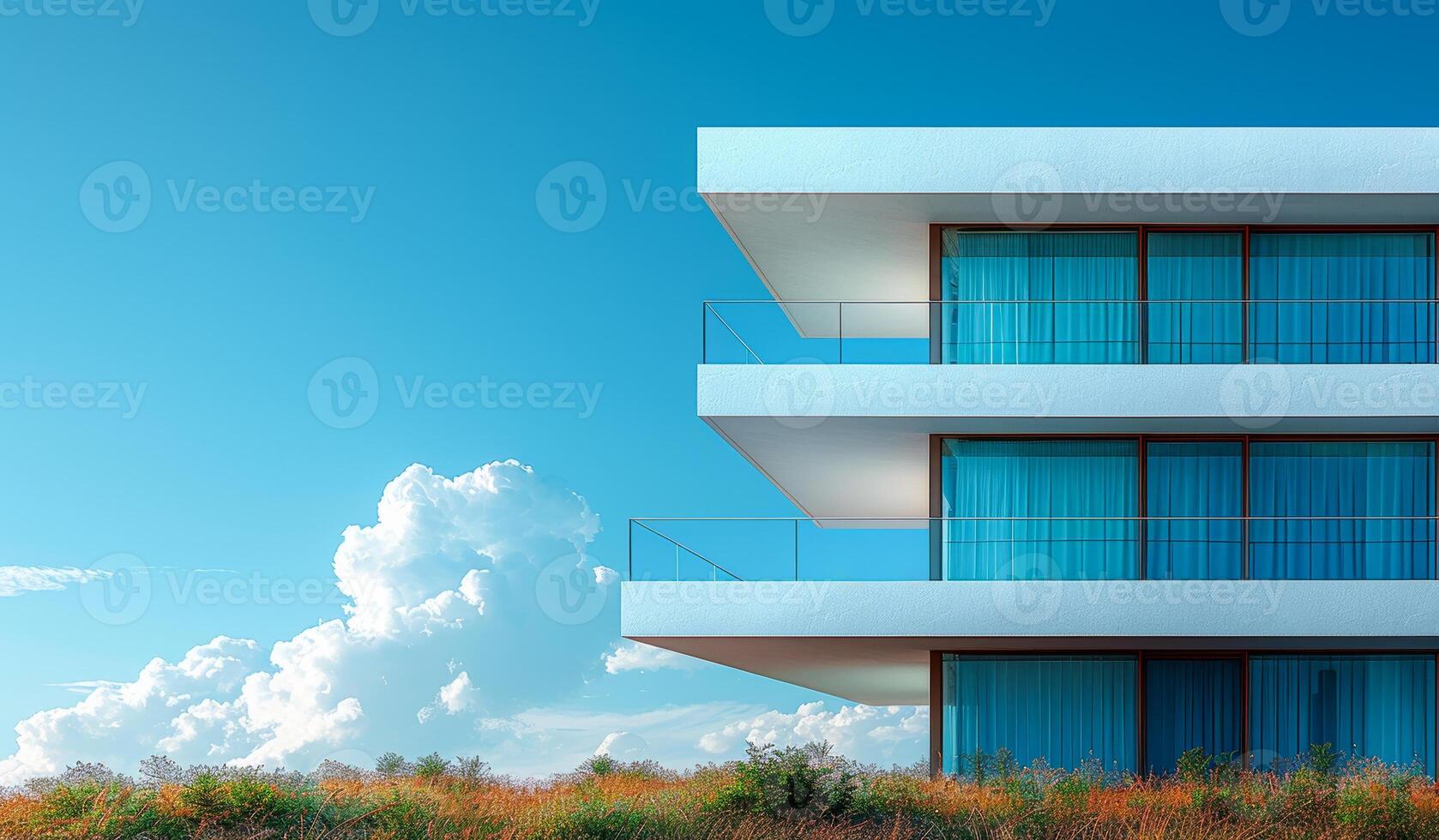 A tall white building with a balcony and a blue sky in the background. The building is surrounded by a lush green field photo