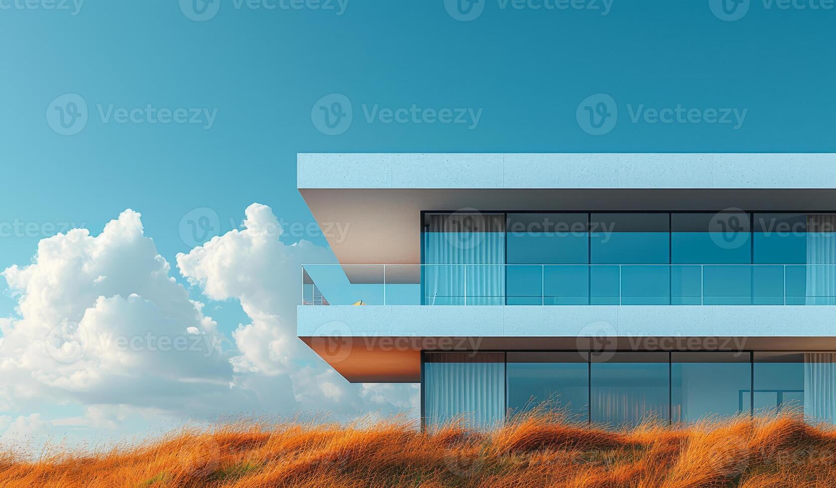 A large white house with a balcony and a view of the sky. The house is surrounded by a field of flowers photo