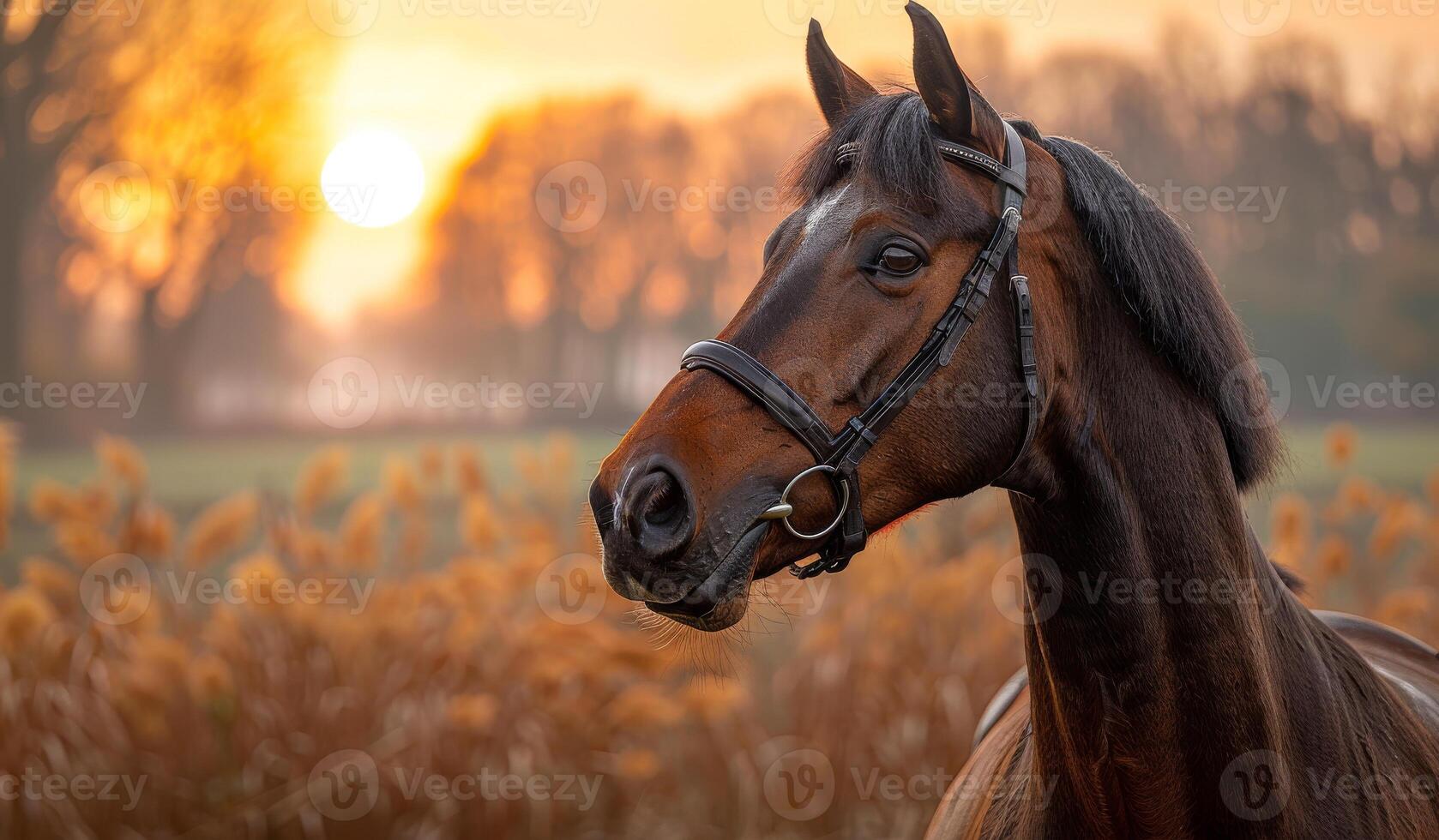 A brown horse with a black bridle is standing in a field with a sunset in the background photo