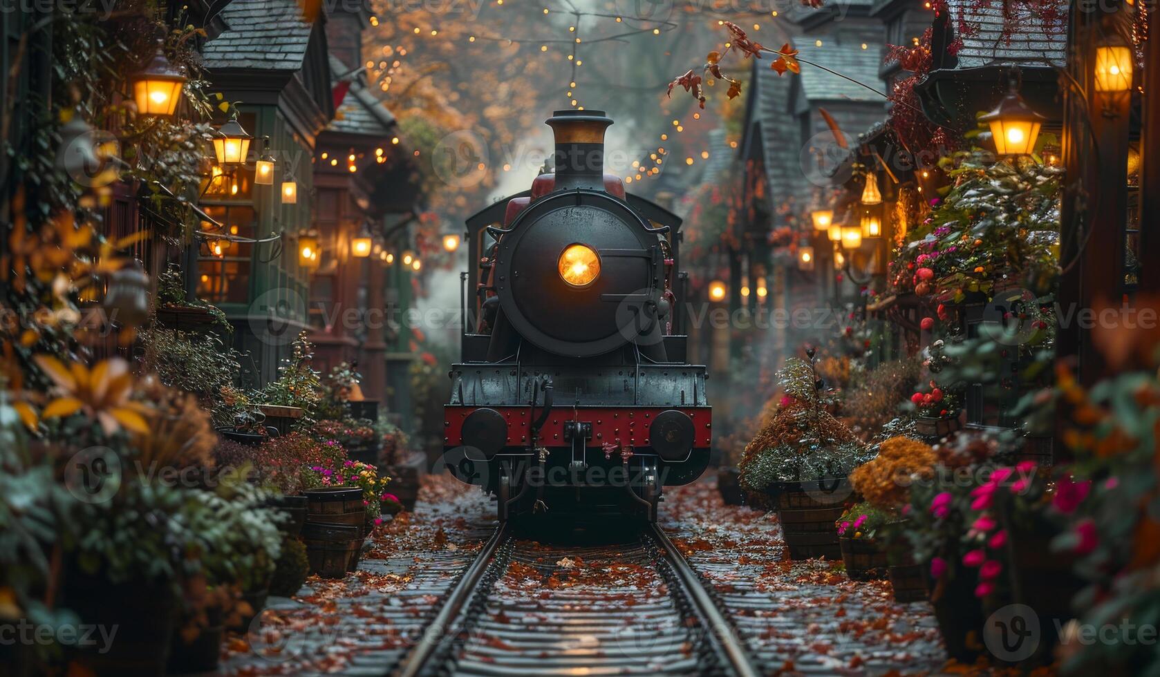 A train is traveling down a track in a city. The train is surrounded by many potted plants and flowers, giving the scene a peaceful and serene atmosphere. photo