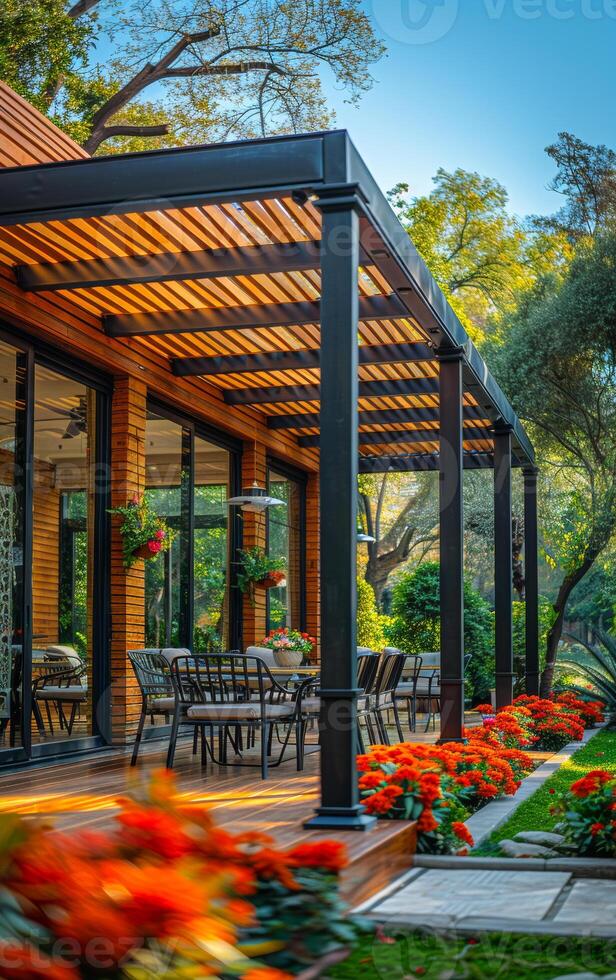 A patio with a wooden deck and a black awning. The awning has a black metal frame and is covered with a wooden lattice photo