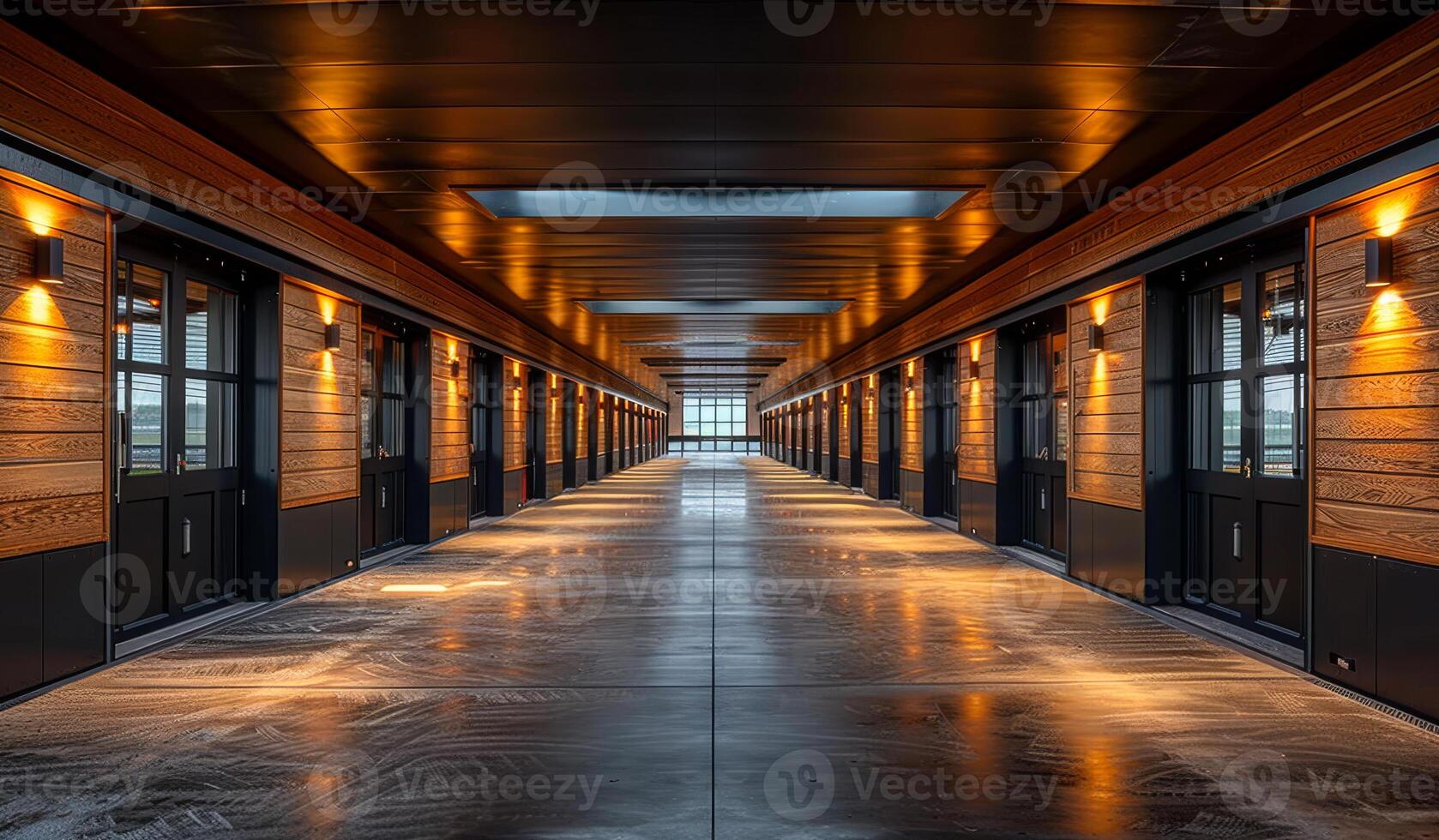 A long hallway with many doors and windows. The hallway is lit up with lights. Scene is bright and welcoming photo