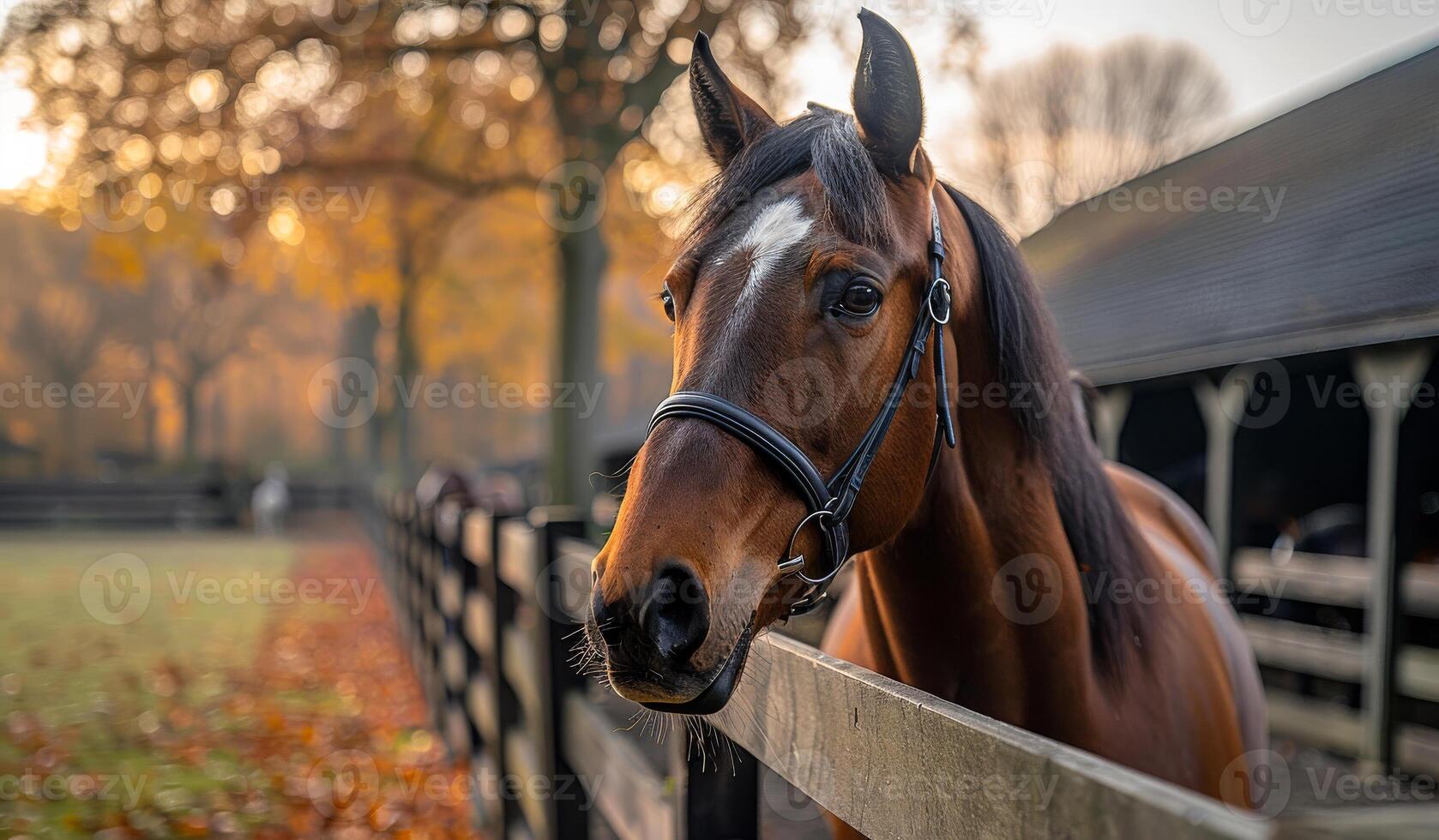 A brown horse is standing in front of a wooden fence. The horse is looking at the camera with a curious expression. photo