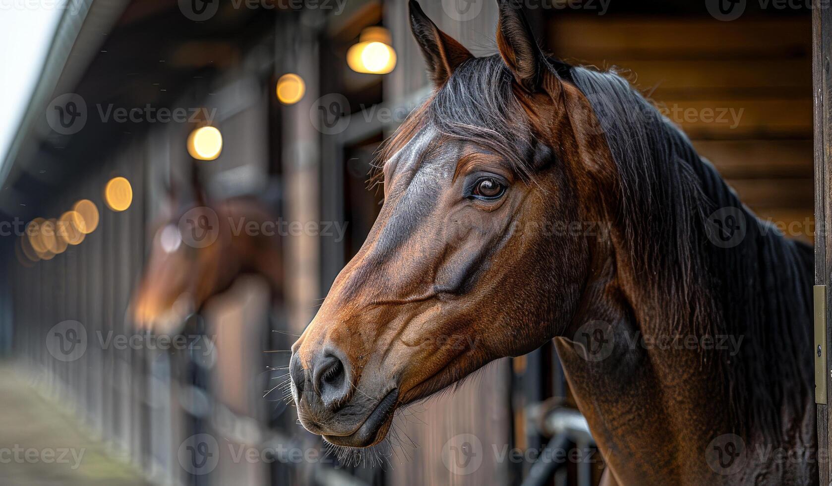 A brown horse with a white face stands in a barn. The barn is dark and the horse appears to be looking at the camera photo