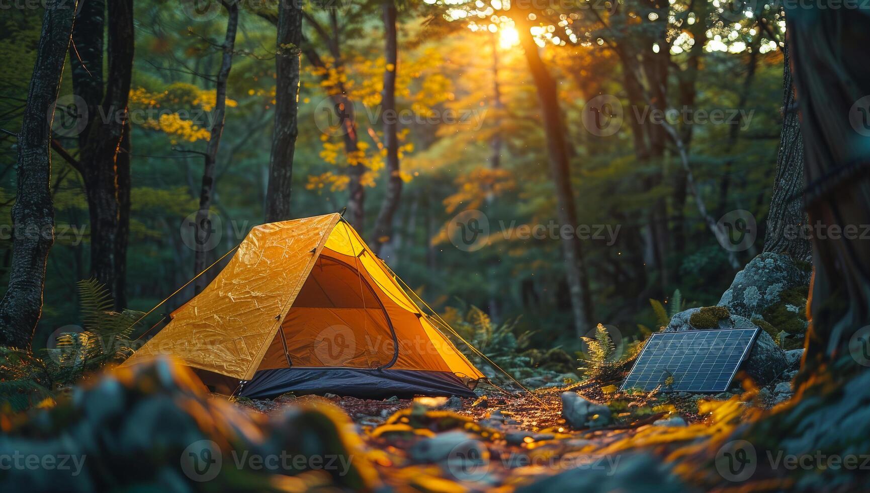 A yellow tent is set up in a forest with a solar panel nearby photo