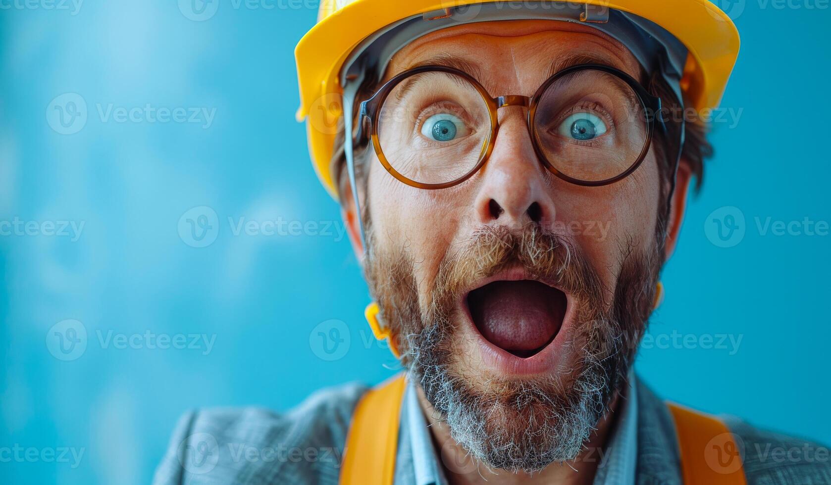 A man with a hard hat and glasses is wearing a surprised expression. He is looking at the camera and he is in a construction zone photo