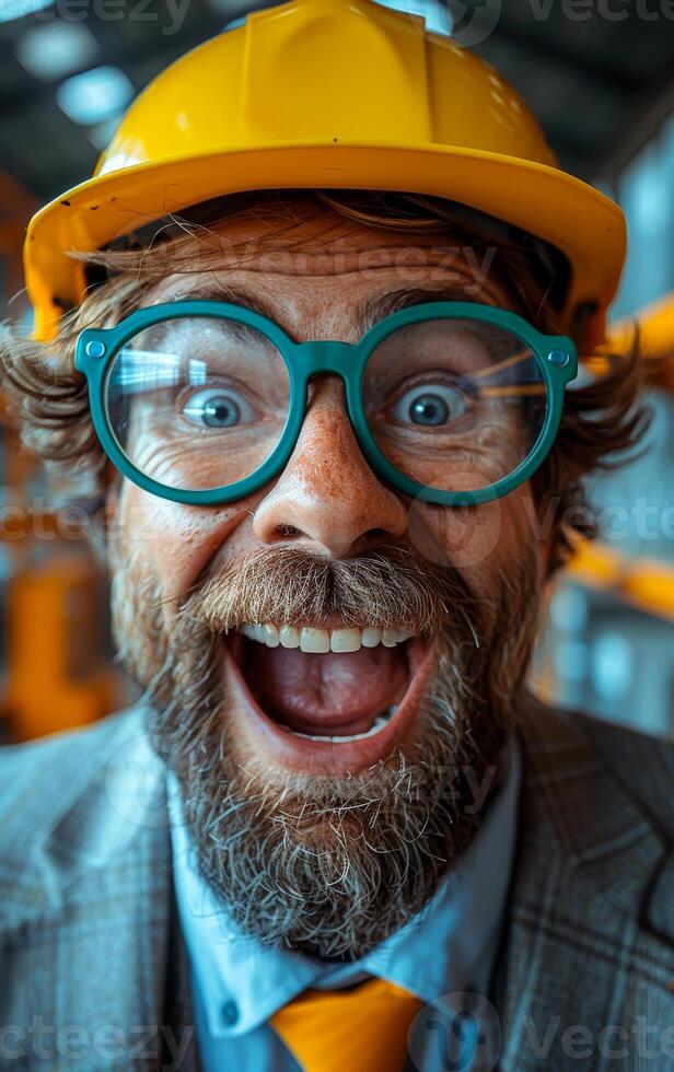 A man with a yellow hard hat and green glasses is smiling and laughing. He is wearing a blue shirt and a gray jacket photo