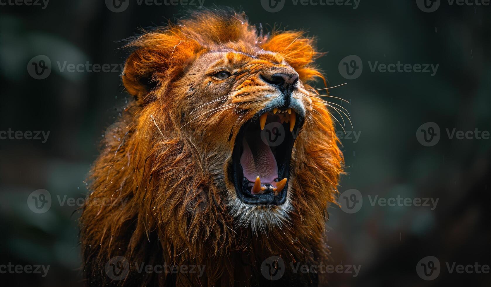 A lion is roaring with its mouth open. The lion is in a forest with trees and bushes photo
