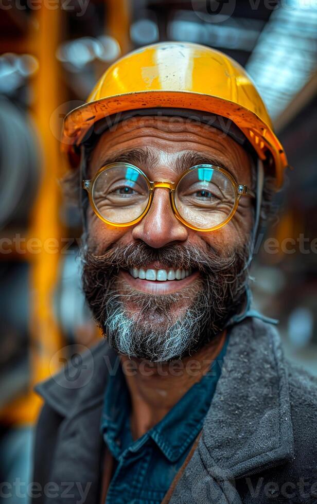 A man with a yellow helmet and glasses is smiling. He is wearing a blue shirt and a gray jacket photo