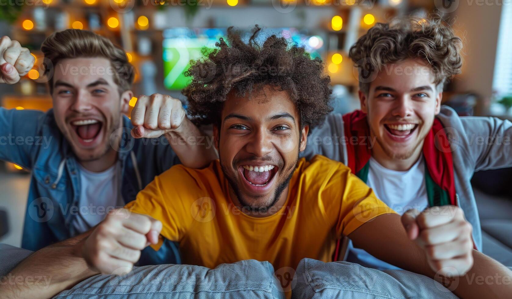Three men are smiling and cheering while wearing yellow shirts. They are all holding their hands up in the air photo