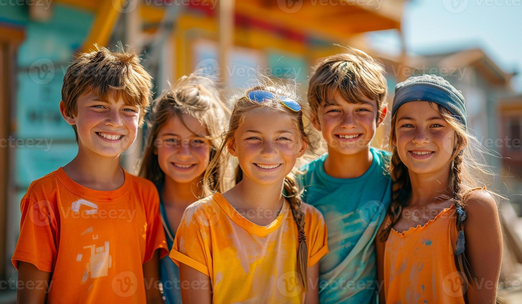 A group of children are smiling and posing for a picture. They are wearing colorful clothing, including orange and blue shirts photo