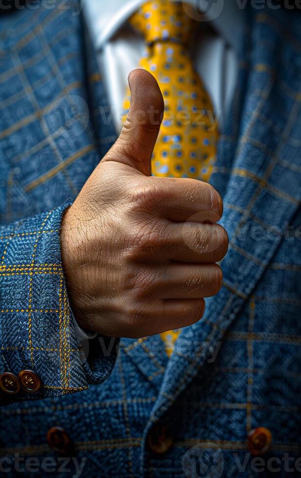 A man in a suit is giving a thumbs up. The man is wearing a blue jacket and a yellow tie photo