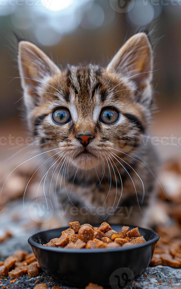 A kitten is eating from a bowl of food photo
