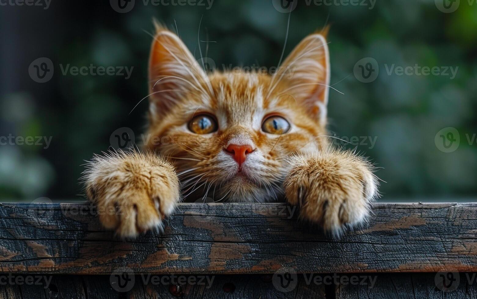 A cat with its paw on a wooden surface and its eyes looking up photo