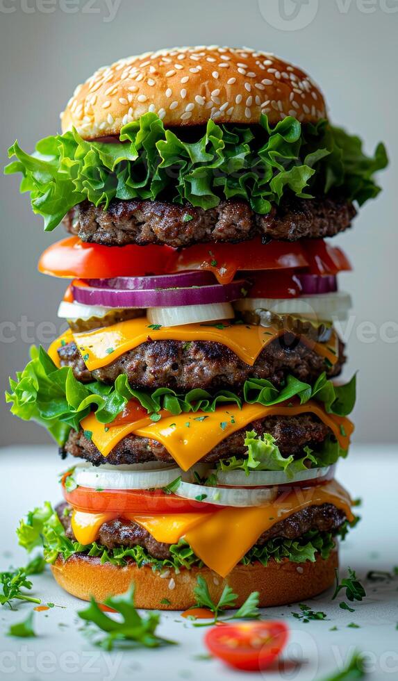 A huge hamburger with lots of toppings including lettuce, tomatoes, onions, and cheese photo