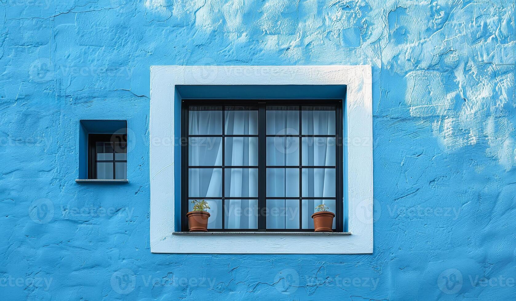 A window with a white frame and blue trim sits in front of a blue wall photo