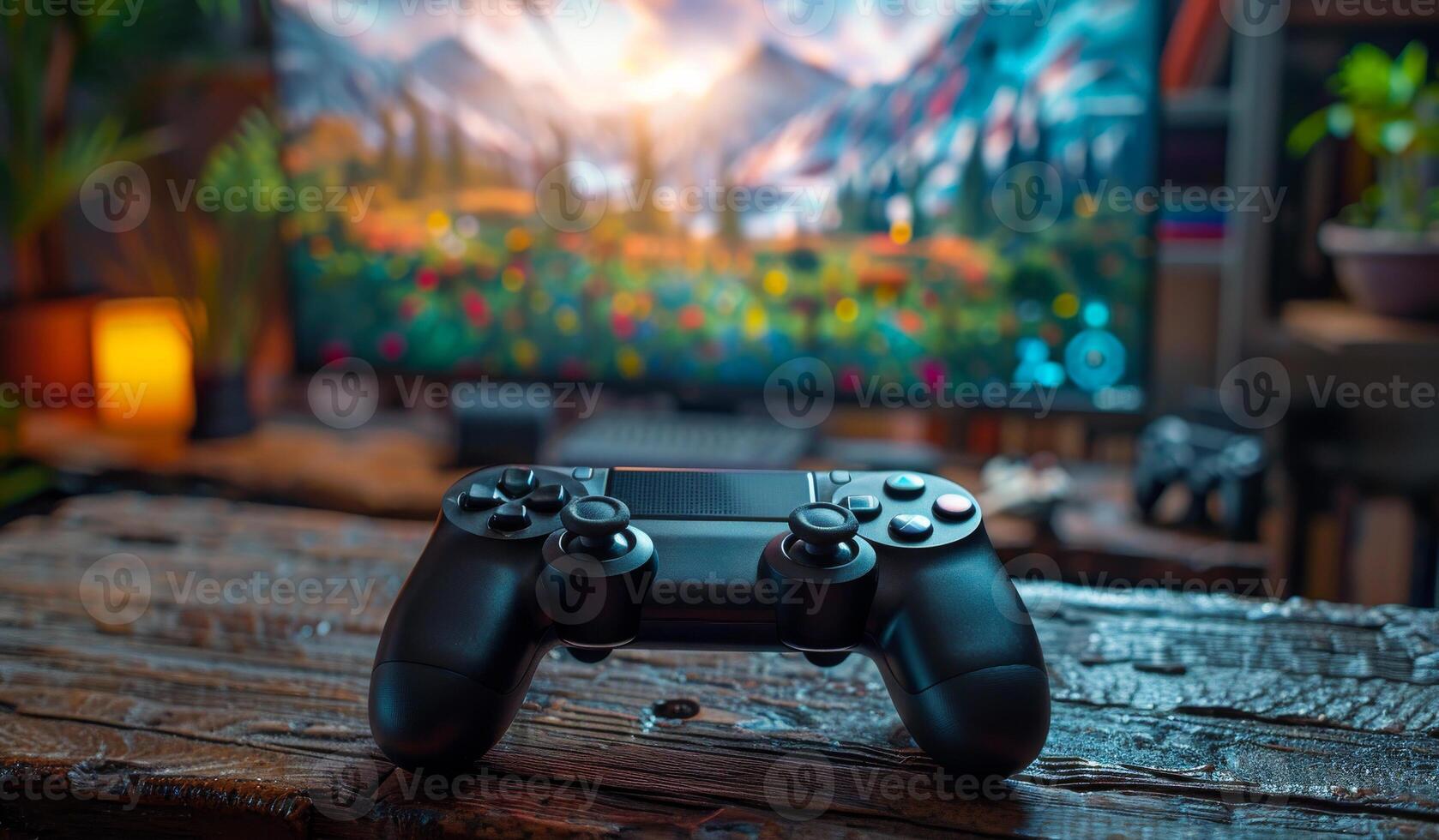 A black controller sits on a wooden table in front of a television. The television screen shows a mountain landscape photo