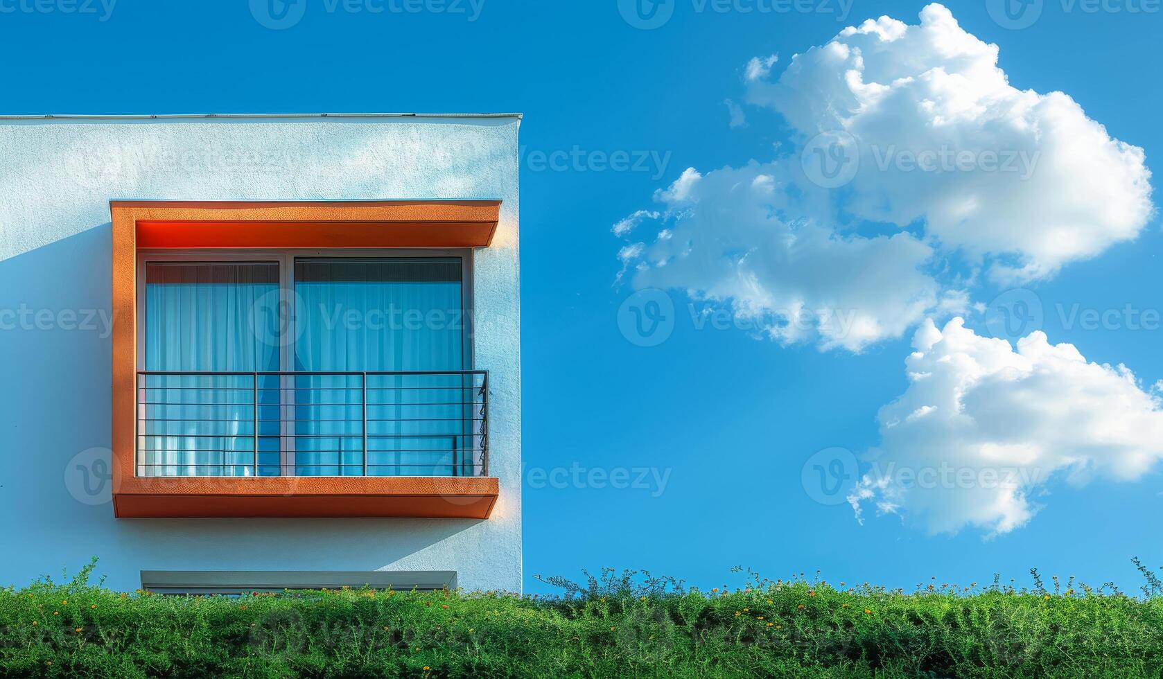 A white building with a balcony and a blue sky with clouds. The building is surrounded by green bushes photo