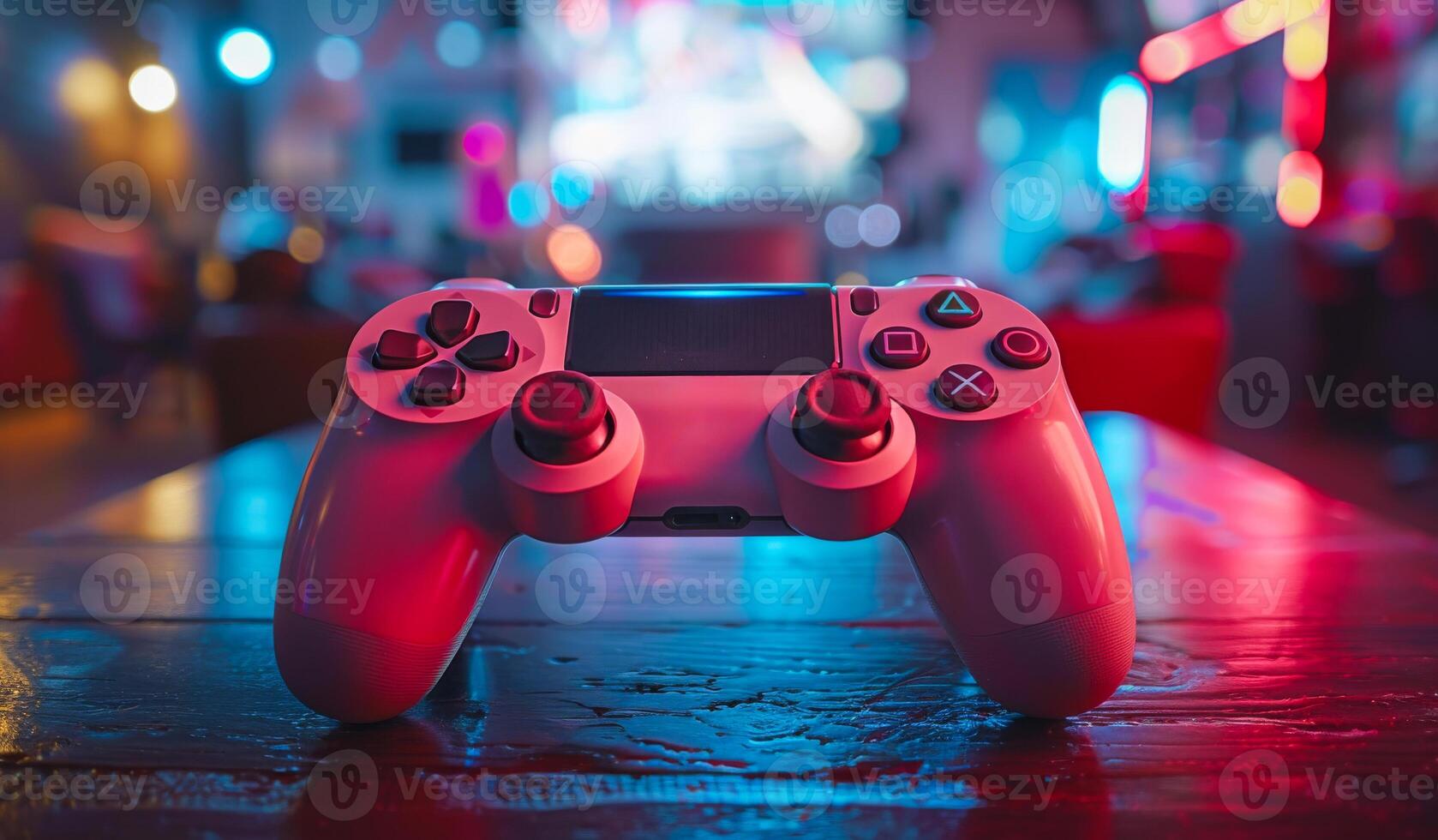 A white controller is on a wooden table. The controller is surrounded by a red and blue background photo