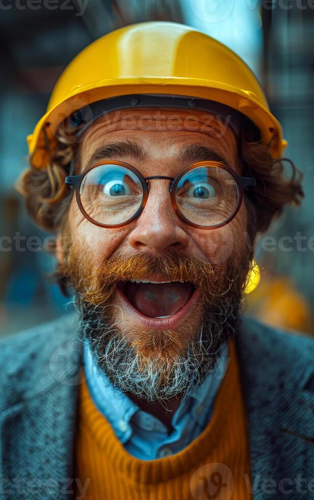 A man with a yellow helmet and glasses is smiling and making a funny face. The image has a lighthearted and humorous mood photo