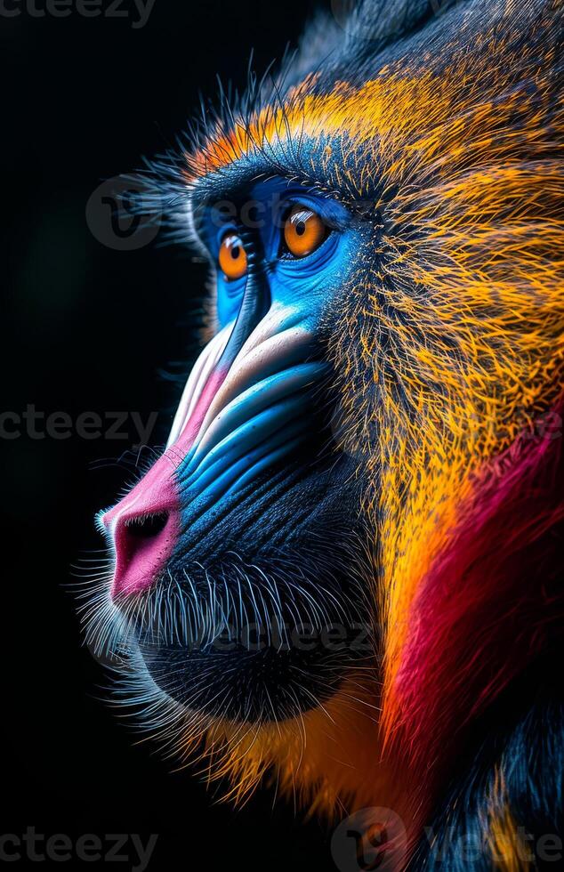 A close up of a monkey's face with a red, blue, and yellow stripe on its face photo