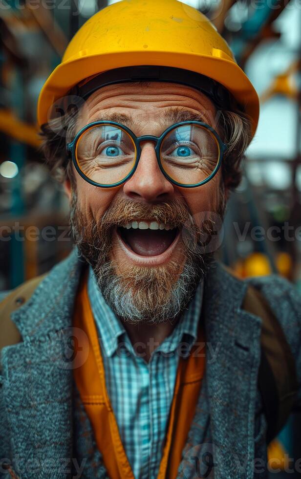 A man with a yellow hard hat and glasses is smiling and laughing. He is wearing a gray jacket and a blue shirt photo