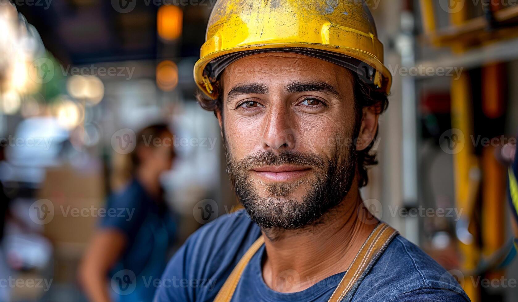 A man wearing a yellow hard hat and blue shirt is smiling. He is standing in front of a building photo