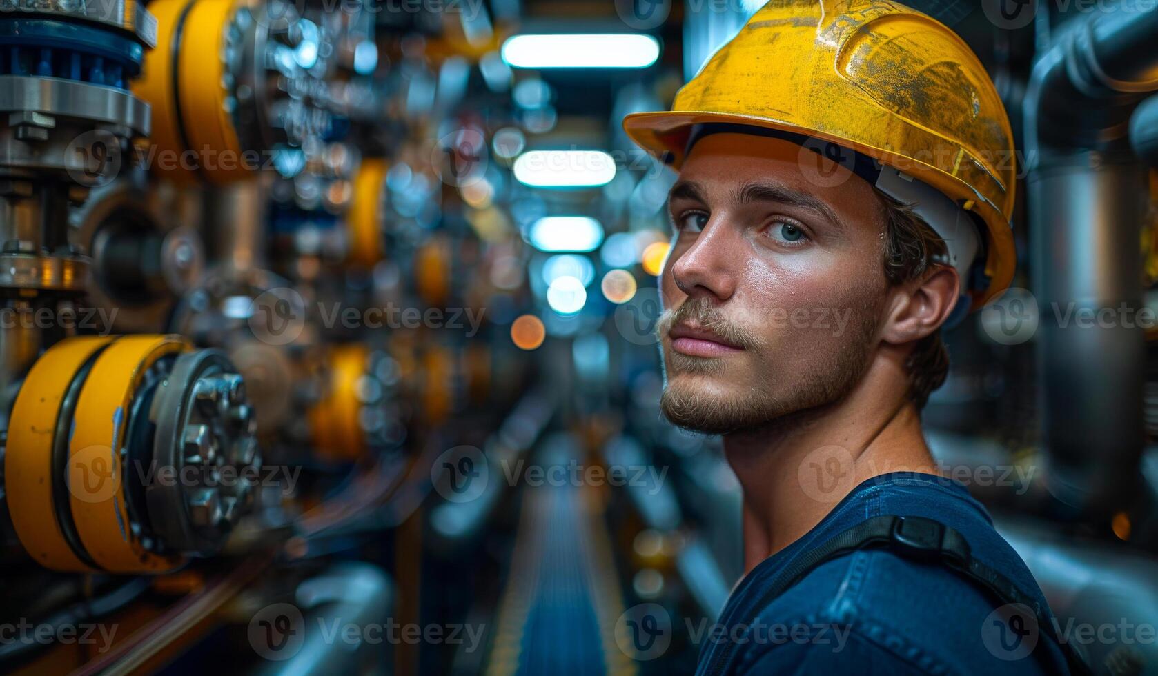 A man in a yellow hard hat is standing in a large industrial area photo