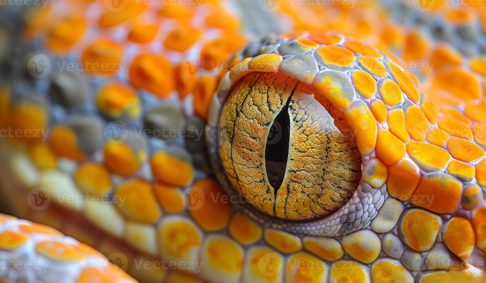A close up of a snake's eye with a yellow iris. The eye is surrounded by a pattern of orange and brown spots photo