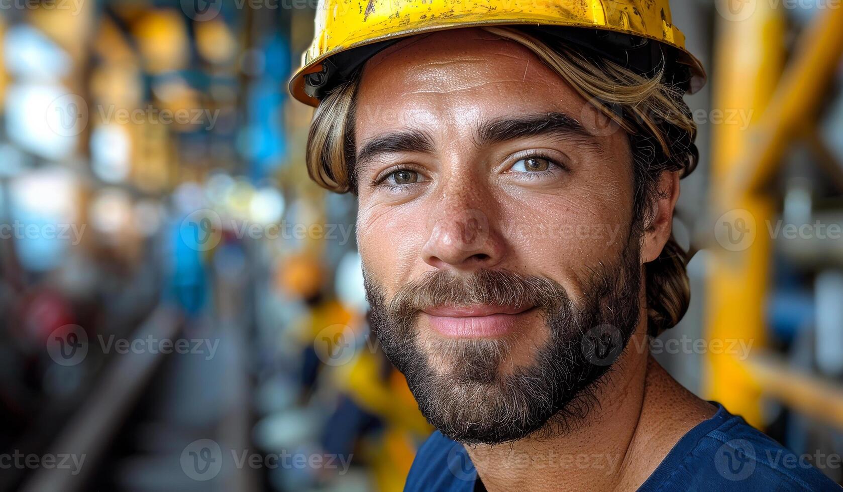 A man with a yellow hard hat is smiling. He is wearing a blue shirt and has a beard photo