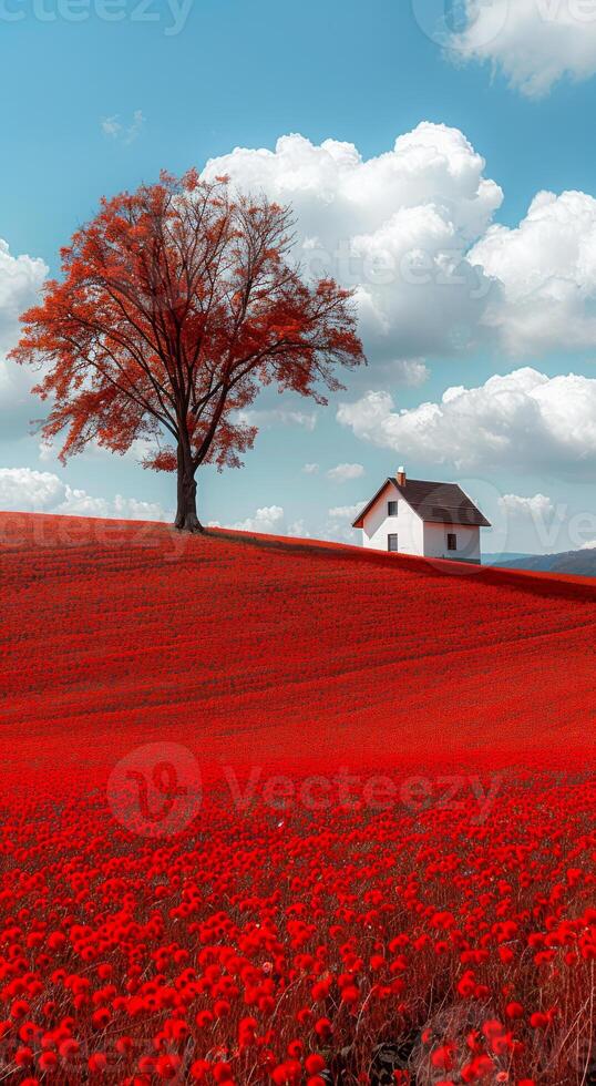 A house is on a hill with a red field in the background photo