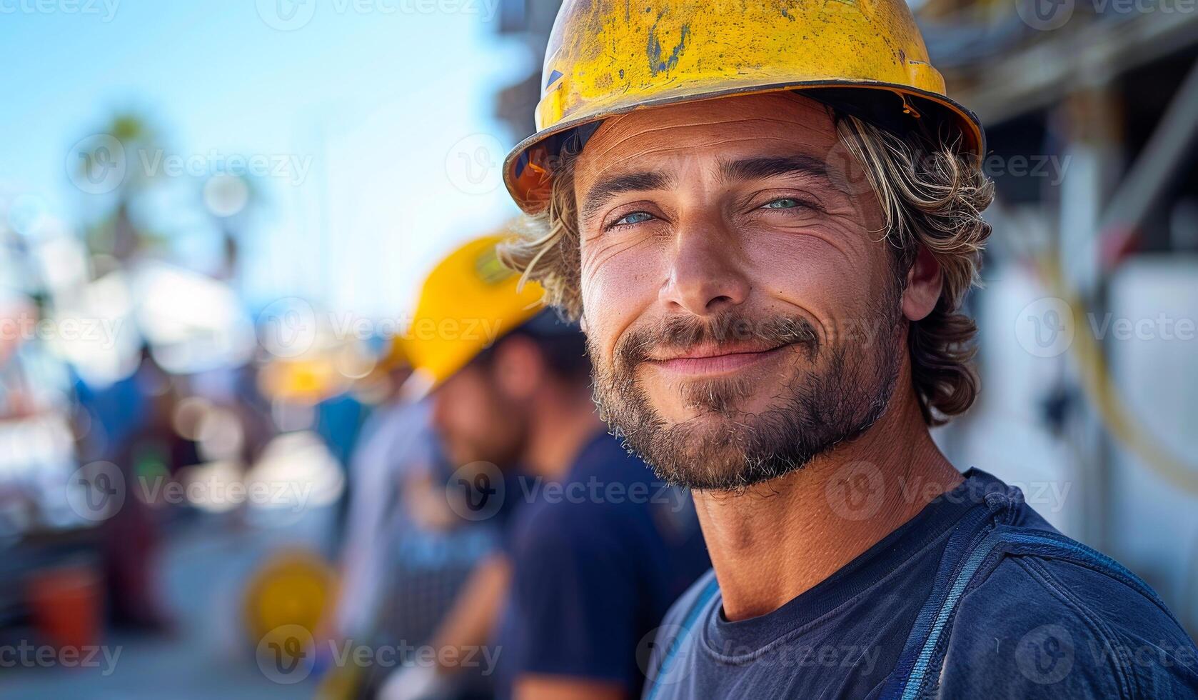 A man wearing a yellow hard hat and smiling. He is the main focus of the image photo
